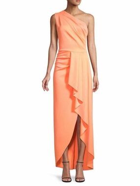 Black Halo One-Shoulder ruffle Coral Evening Gown